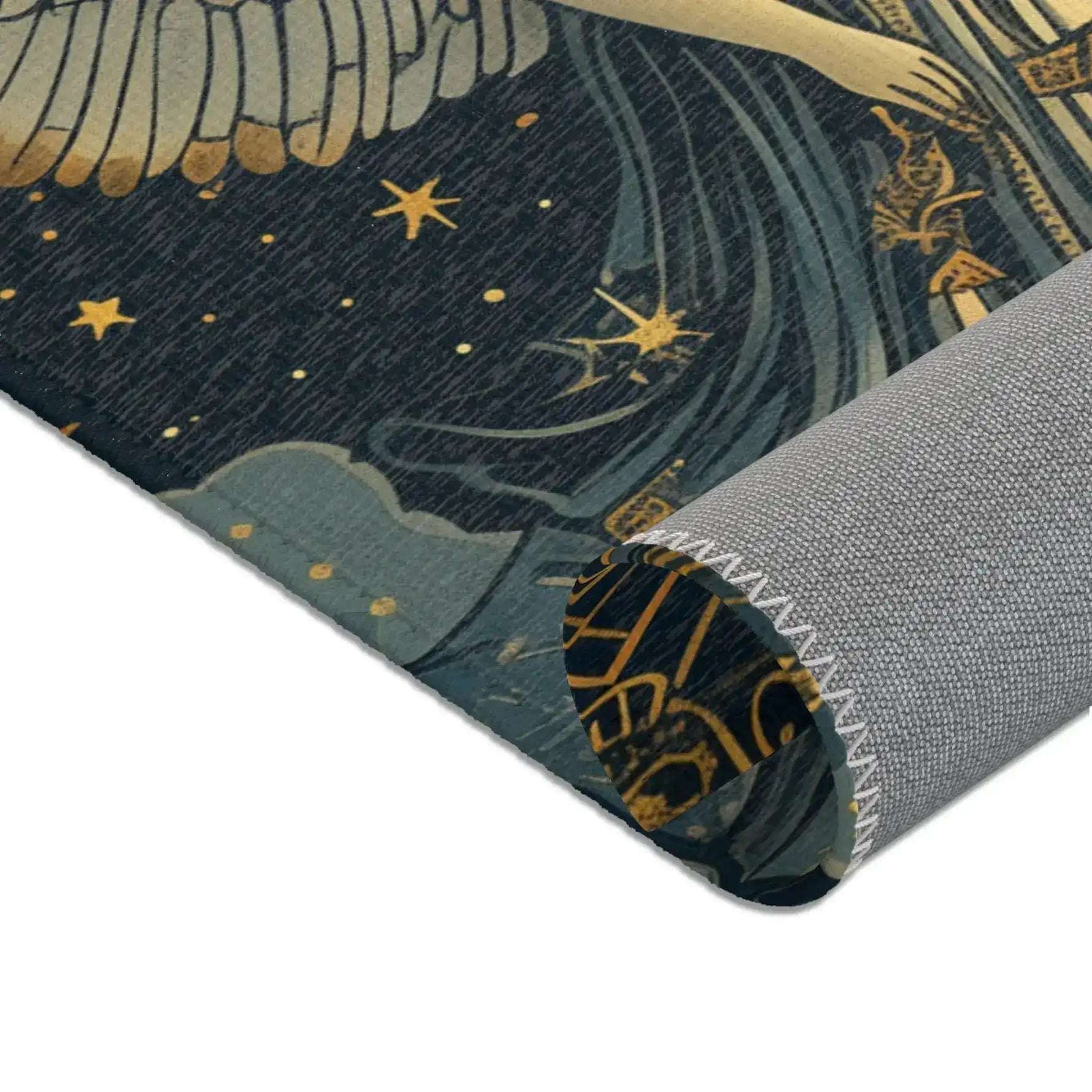 Celestial Gemini Zodiac-Inspired Rug rolled corner detail showing gold star navy pattern and grey non-slip backing