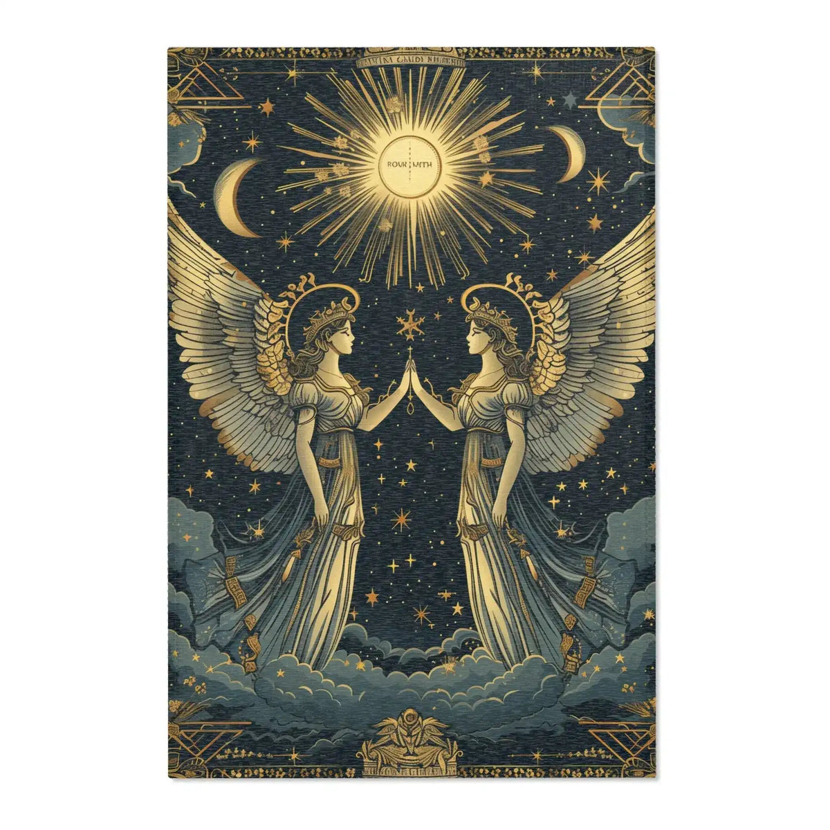 Celestial Gemini Zodiac-Inspired Rug full front, twin winged figures beneath golden sun crescent moons and stars on navy