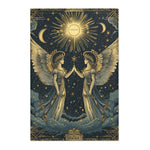 Celestial Gemini Zodiac-Inspired Rug full front, twin winged figures beneath golden sun crescent moons and stars on navy