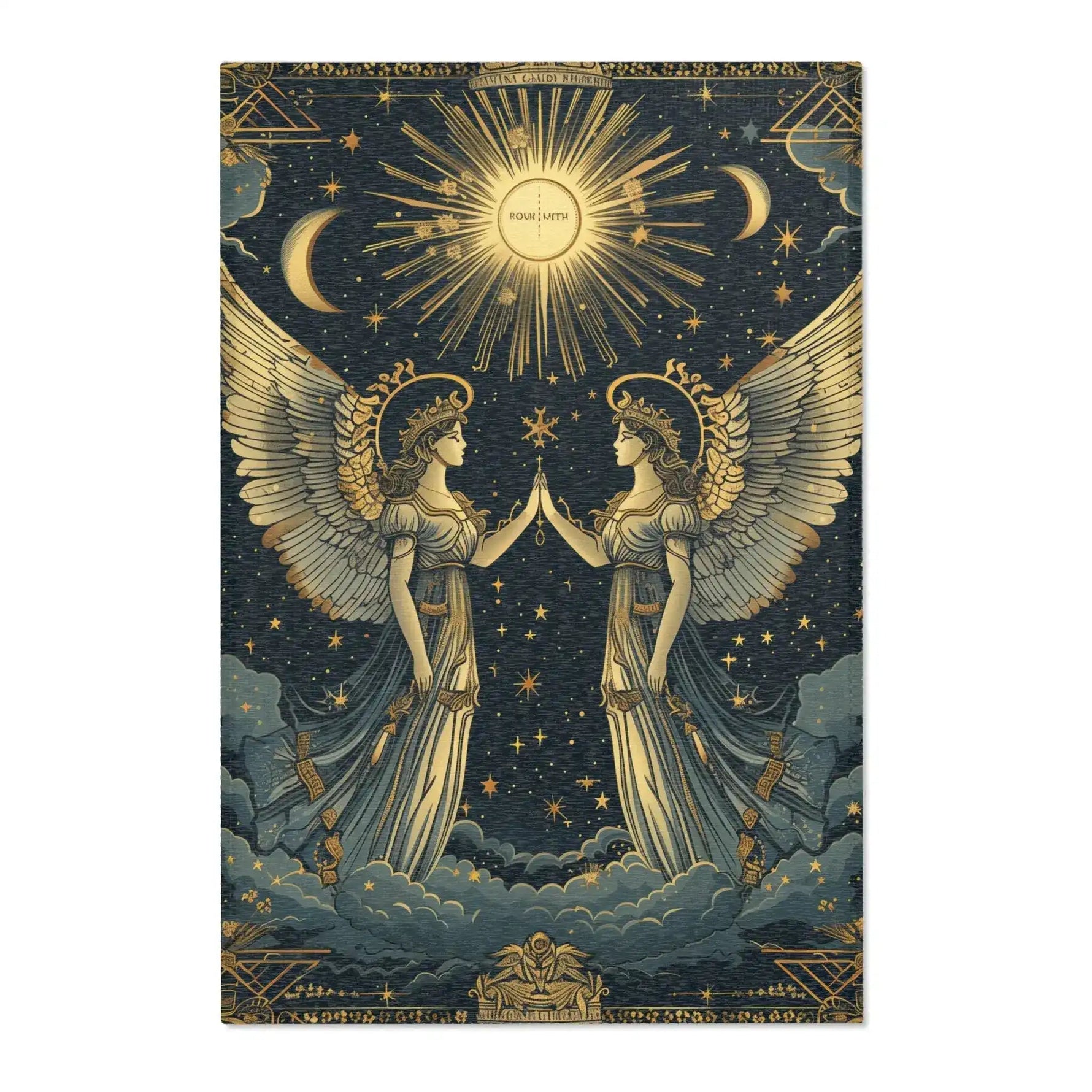 Celestial Gemini Zodiac-Inspired Rug full front, twin winged figures beneath golden sun crescent moons and stars on navy