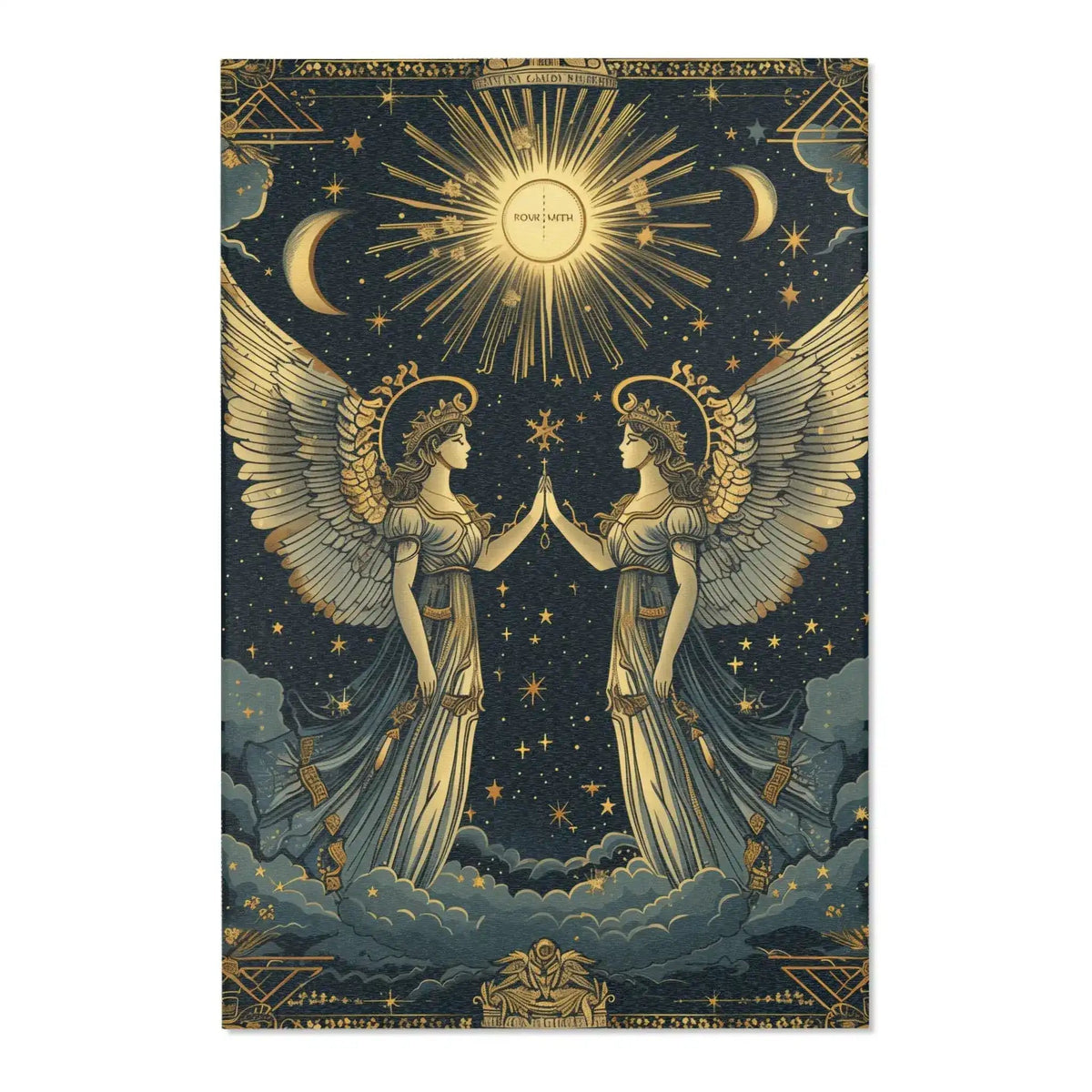 Celestial Gemini Zodiac-Inspired Rug portrait flat lay, mirrored celestial twins with gold wings stars and crescent moons