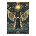 Celestial Gemini Zodiac-Inspired Rug portrait flat lay, mirrored celestial twins with gold wings stars and crescent moons