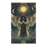 Celestial Gemini Zodiac-Inspired Rug top crop showing two winged figures touching hands under radiant gold starburst sun