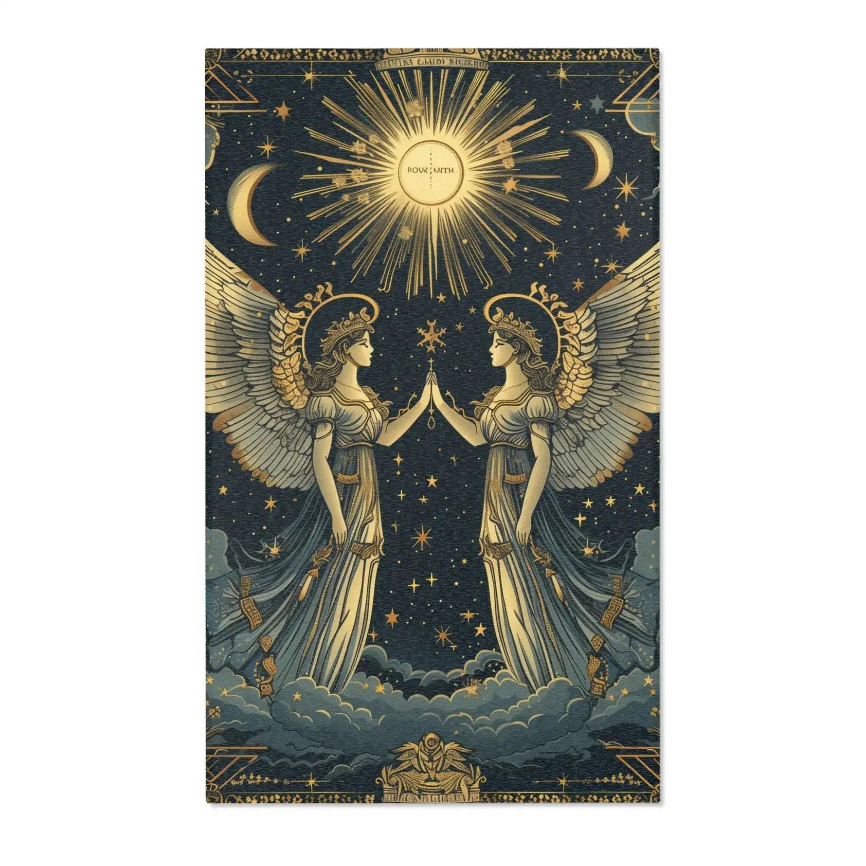 Celestial Gemini Zodiac-Inspired Rug top crop showing two winged figures touching hands under radiant gold starburst sun