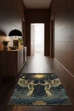A rectangular area rug with a celestial angel illustration lies on a dark wood hallway floor. The rug features two golden-winged angels facing each other beneath a glowing sun and moon, set against a deep blue starry night background. The surrounding environment is a modern hallway with dark wood-paneled walls and a wooden console table with a lamp.