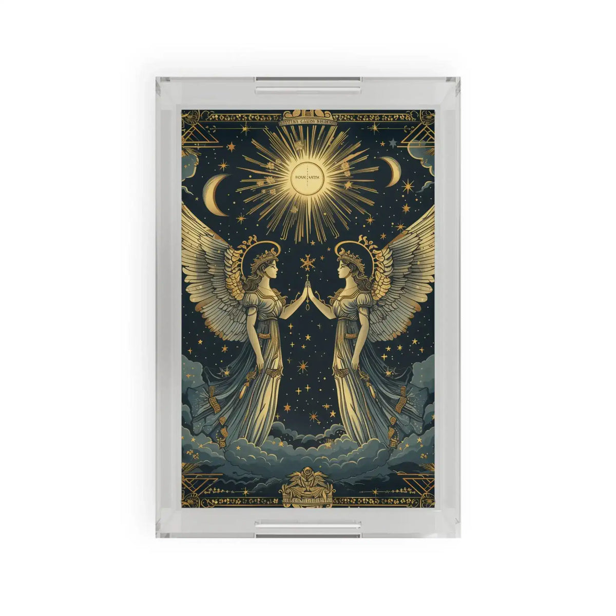 Clear acrylic serving tray with Celestial Gemini zodiac art depicting two winged angelic figures under a radiant sun and crescent moons on dark navy ground