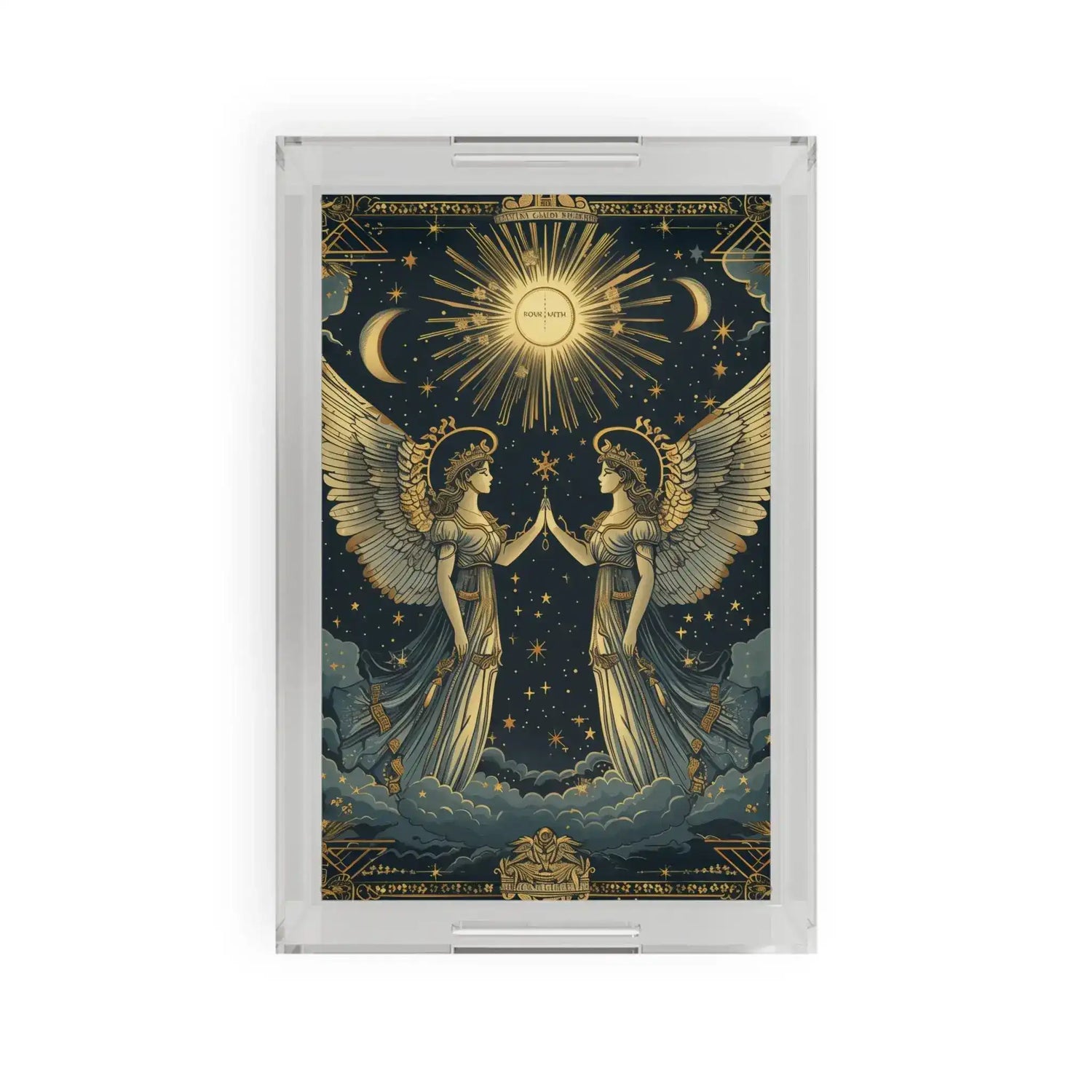 Clear acrylic serving tray with Celestial Gemini zodiac art depicting two winged angelic figures under a radiant sun and crescent moons on dark navy ground