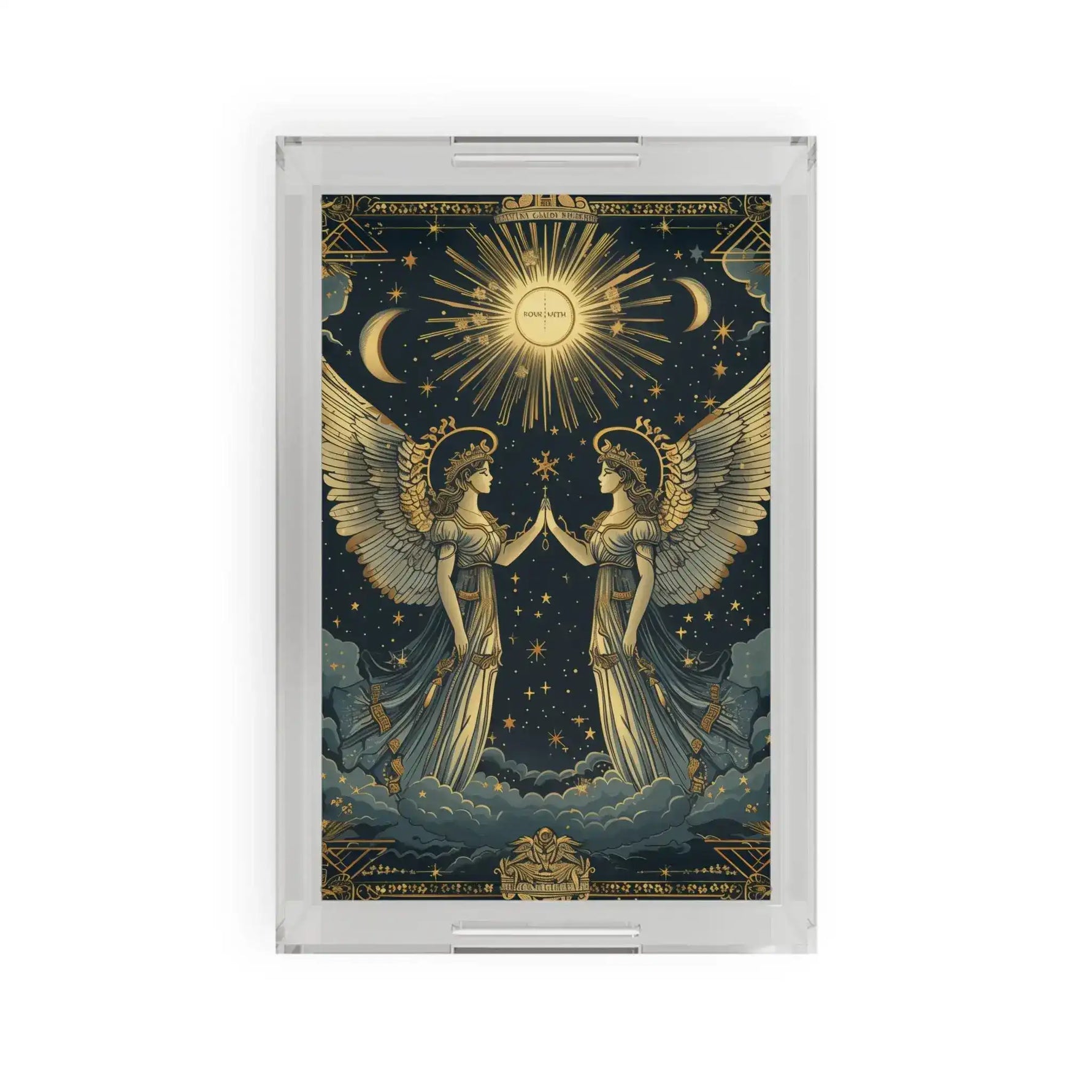 Clear acrylic serving tray with Celestial Gemini zodiac art depicting two winged angelic figures under a radiant sun and crescent moons on dark navy ground