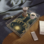 Celestial Gemini Zodiac serving tray on round wicker ottoman with stovetop espresso maker and white cup in a softly lit room