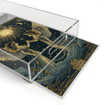 Celestial Gemini Zodiac acrylic tray lid raised at angle showing gold and dark navy twin-figure celestial artwork