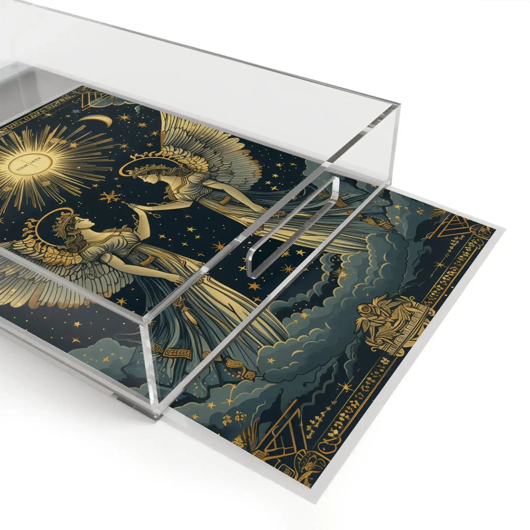 Celestial Gemini Zodiac acrylic tray lid raised at angle showing gold and dark navy twin-figure celestial artwork
