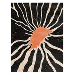 The Celestial Harmony Hand Tufted Wool Rug features an abstract, eye-catching design with a sunburst pattern in vibrant orange on a rich black background. This striking area rug adds a modern touch to any room with its bold contrast and unique style.