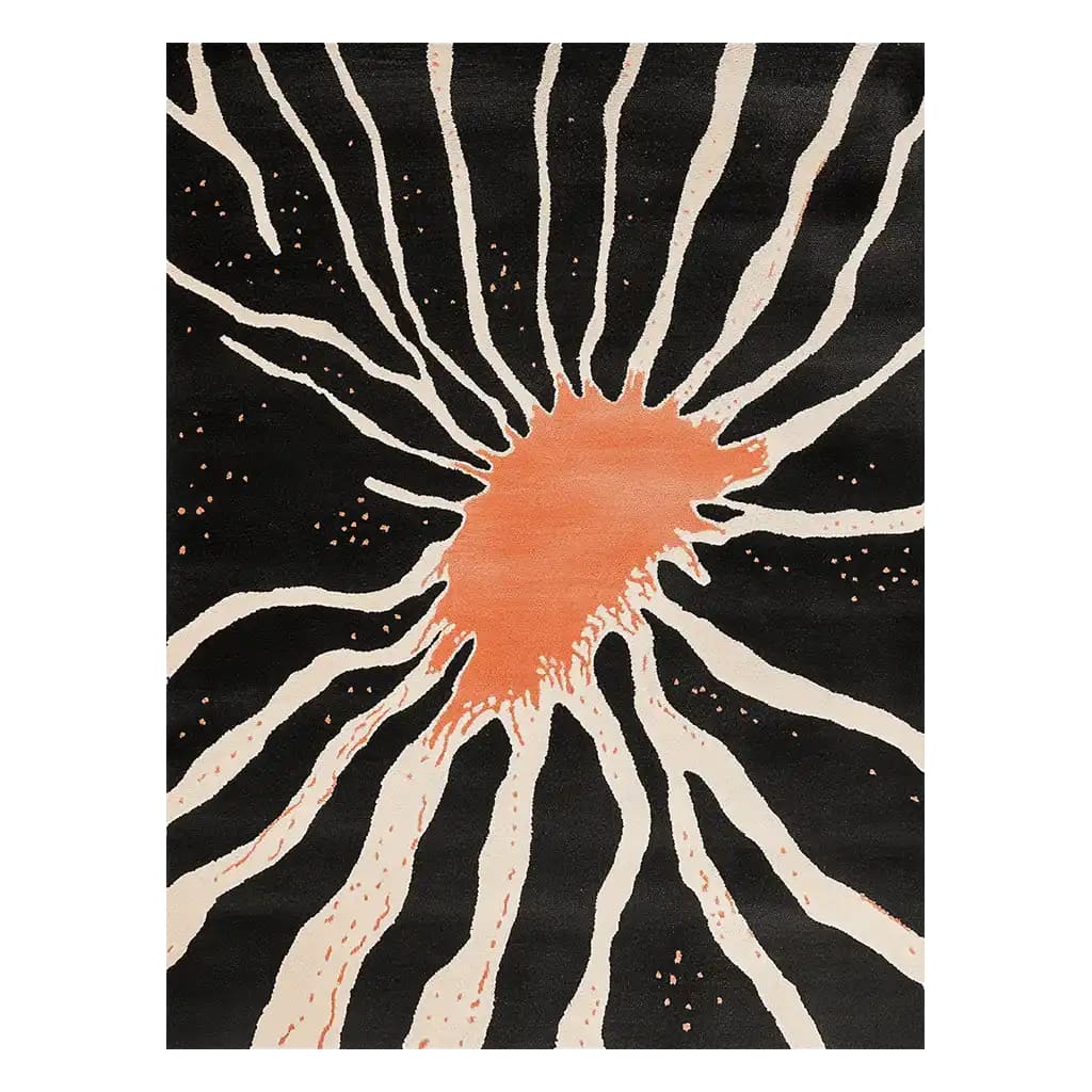 The Celestial Harmony Hand Tufted Wool Rug features an abstract, eye-catching design with a sunburst pattern in vibrant orange on a rich black background. This striking area rug adds a modern touch to any room with its bold contrast and unique style.