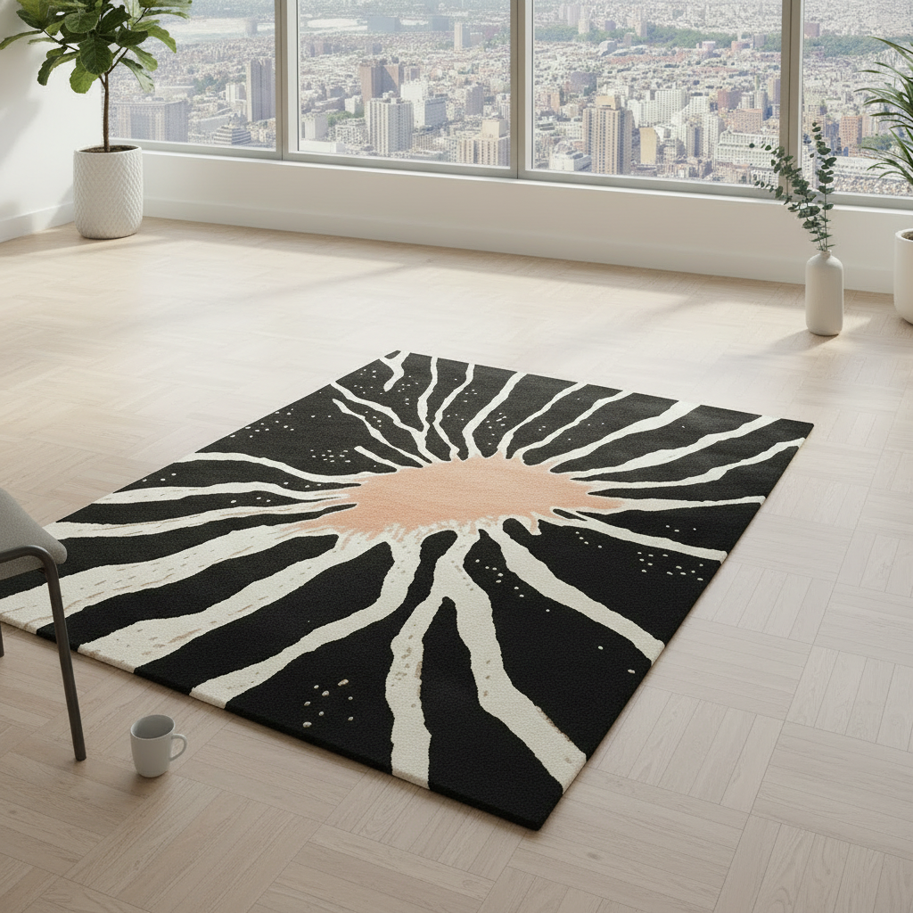 Black and white abstract rug on a light wood floor with cityscape view