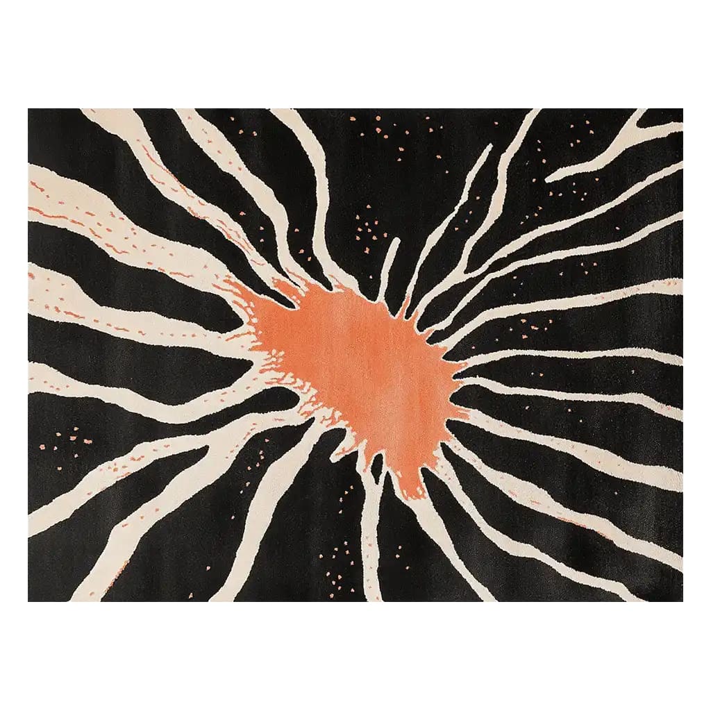 Vibrant Celestial Harmony Hand Tufted Wool Area Rug with an abstract design featuring a burst of orange and cream lines radiating from the center against a black background, resembling cosmic energy.