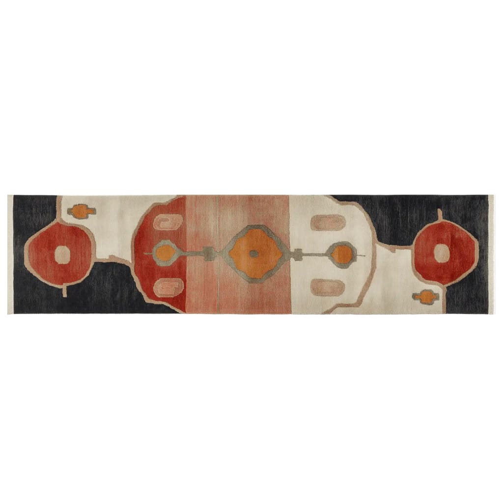 Top view of the Celestial Harmony Knotted Wool Area Rug featuring an abstract design with rich earthy tones of red, orange, and black, arranged in symmetrical geometric patterns.