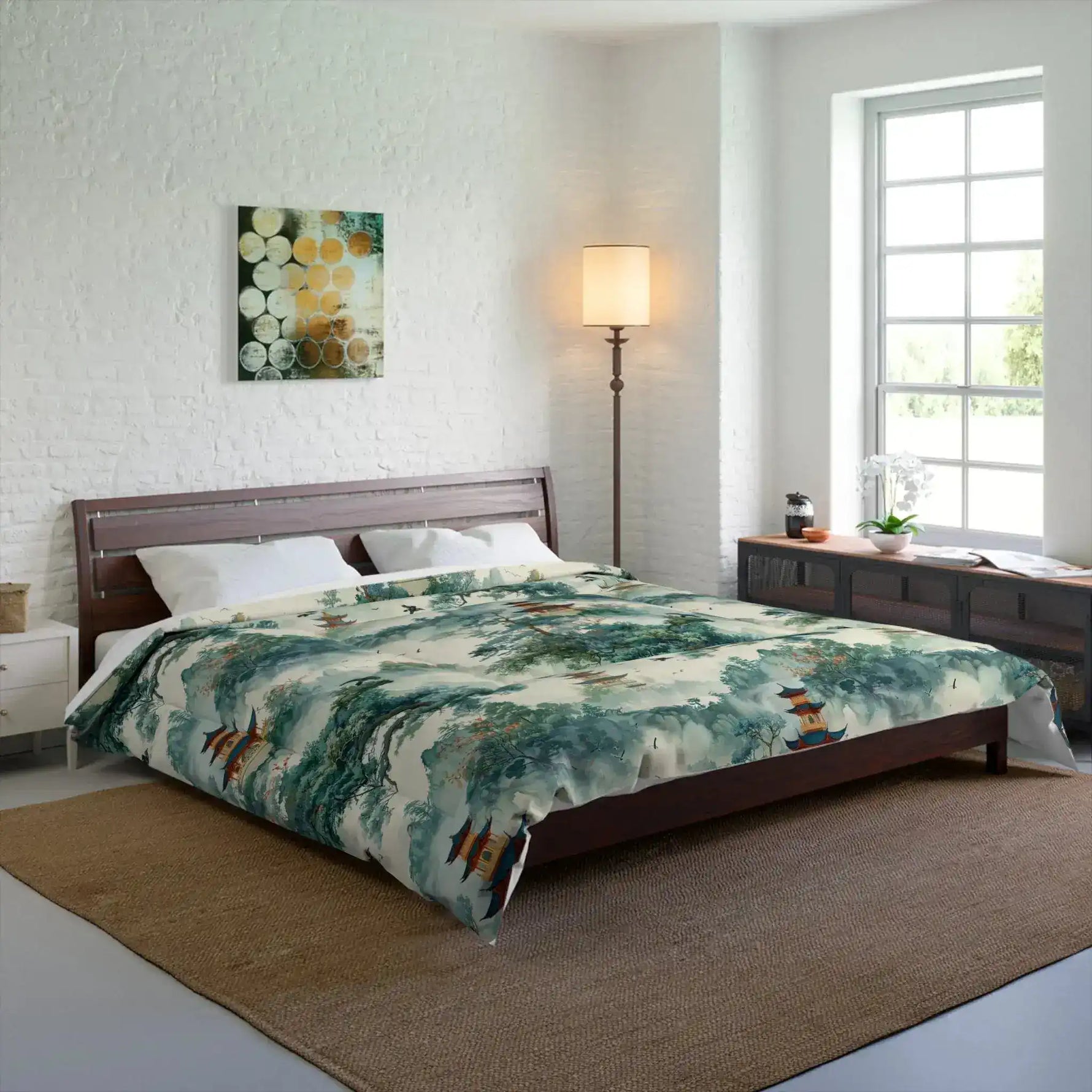 Celestial Harmony Pagoda comforter with a watercolor pagoda landscape in greens on a dark-wood bed