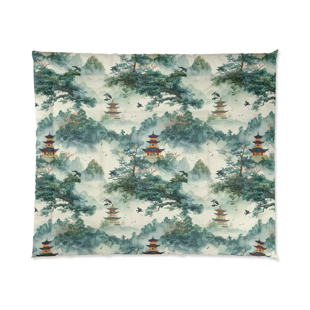 Celestial Harmony comforter, watercolor misty mountains with red pagodas, pines and birds in green