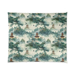 Celestial Harmony comforter, watercolor misty mountains with red pagodas, pines and birds in green