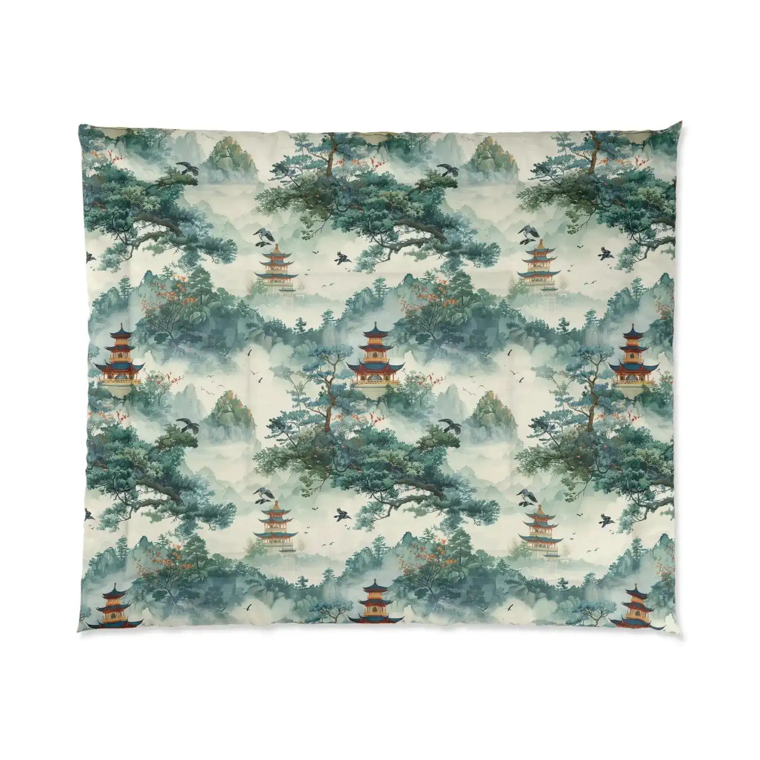 Celestial Harmony comforter, watercolor misty mountains with red pagodas, pines and birds in green