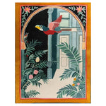 Hand-tufted wool area rug featuring a vibrant design of a colorful bird in flight, surrounded by lush tropical foliage and decorative arches. The rug's bold colors and intricate patterns create a striking visual centerpiece for any room.