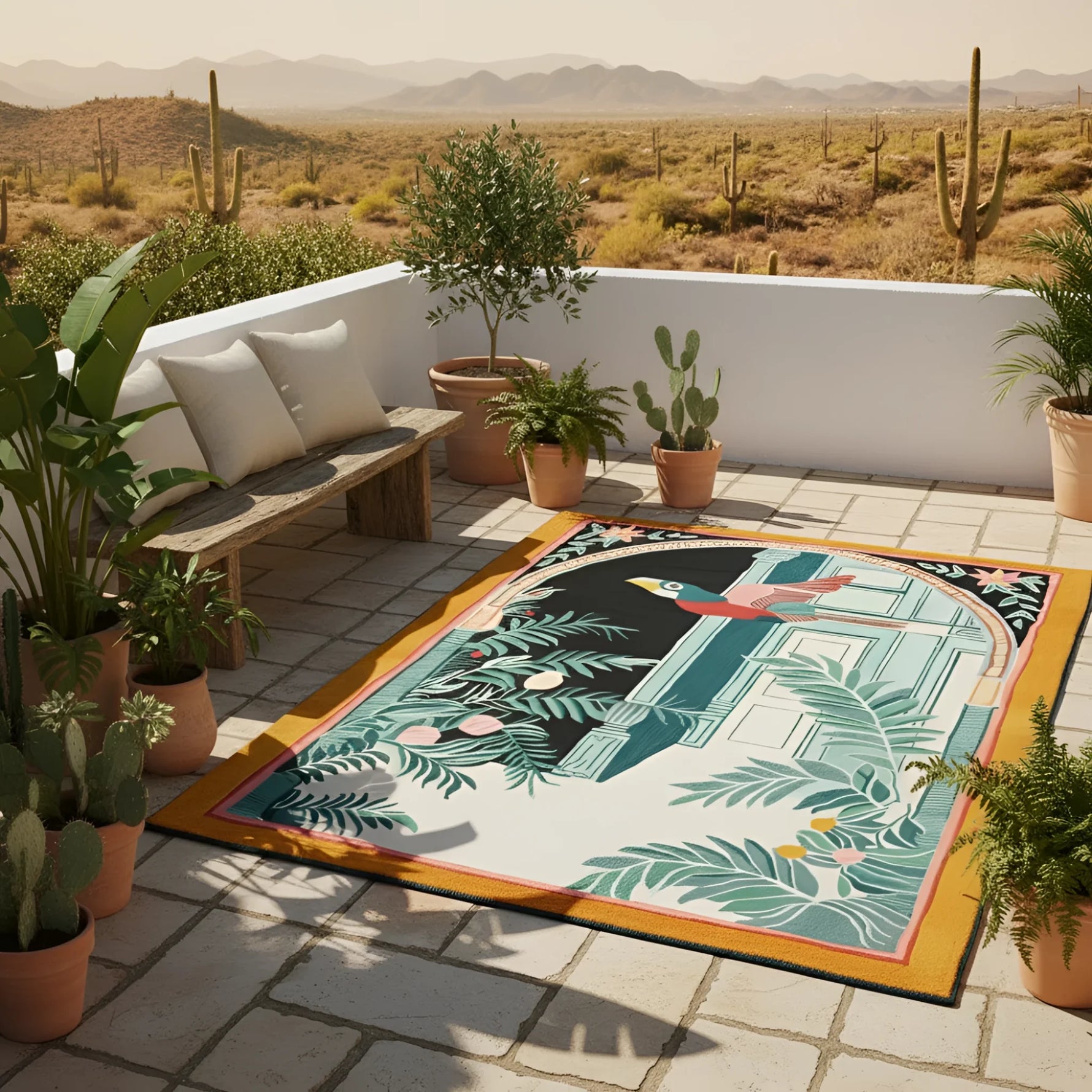 Decorative rug with a toucan design on a patio with plants and a desert view.