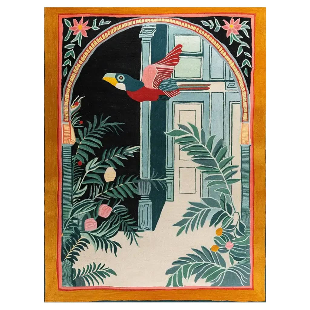 Hand-tufted wool area rug featuring a vibrant design of a colorful bird in flight, surrounded by lush tropical foliage and decorative arches. The rug's bold colors and intricate patterns create a striking visual centerpiece for any room.