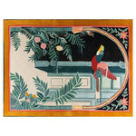 Vibrant hand-tufted wool area rug featuring an abstract design with a colorful phoenix perched amidst lush green foliage and floral elements, bordered by a warm golden hue.