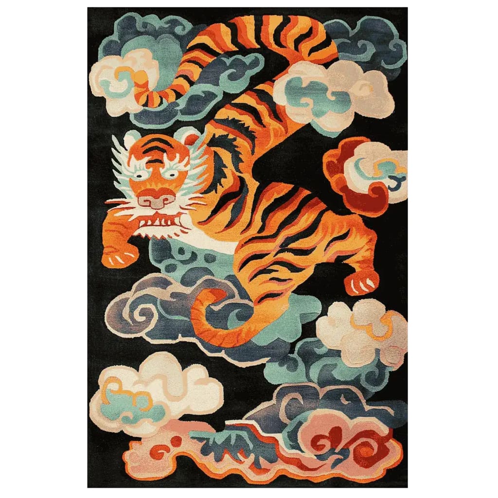 Vibrant area rug featuring an abstract tiger design with bold orange and black stripes, set against a background of swirling clouds in shades of blue and cream. Perfect for adding a striking focal point to living room spaces, this wool rug combines artistry with comfort, making it an ideal choice for large living room rugs.