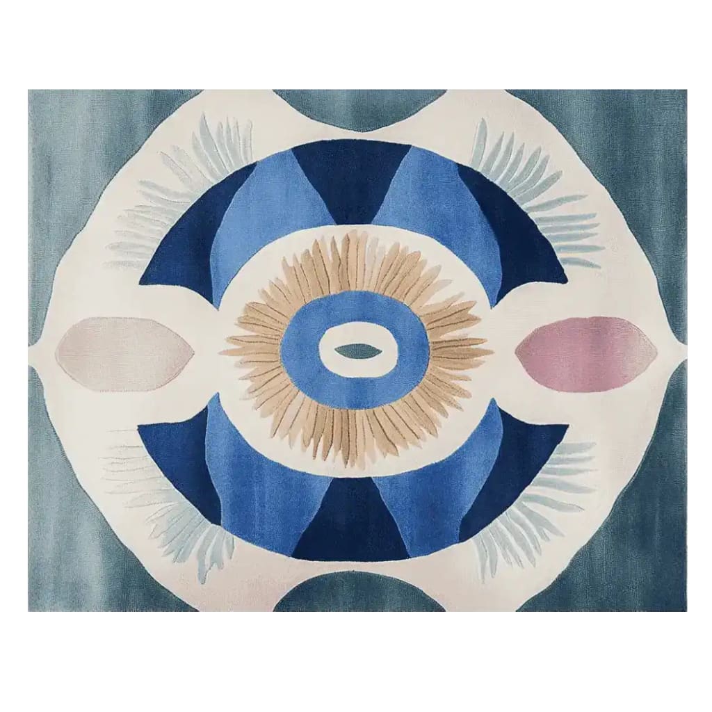 The Celestial Spiral Hand Tufted Rug is a contemporary area rug featuring a captivating abstract design with blue, beige, and pink tones. Ideal for living rooms, this 8x10 wool rug adds a modern touch with its unique spiral pattern, perfect for enhancing any space.