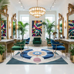 Luxurious interior design hair salon with colorful rug, chairs, and artwork in a well-lit room.