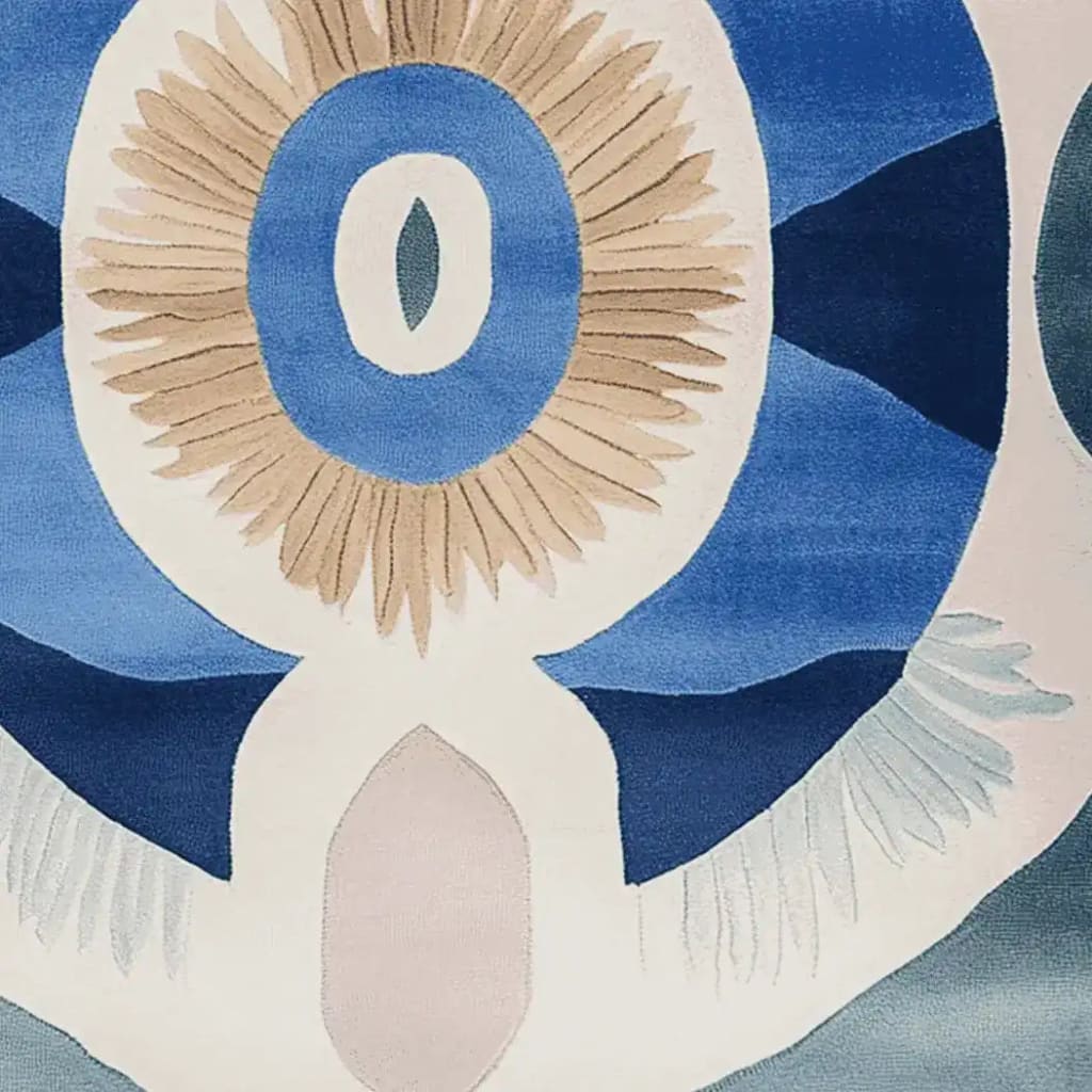 Close-up view of the Celestial Spiral Hand Tufted Area Rug, showcasing its vibrant blue and beige abstract design. Ideal for adding a contemporary touch to living room rugs 8x10, this wool rug combines elegance with modern artistry, perfect for any living room area.