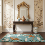 Decorative rug with tiger design in a room with floral wallpaper, a tiger rug, and a console table.