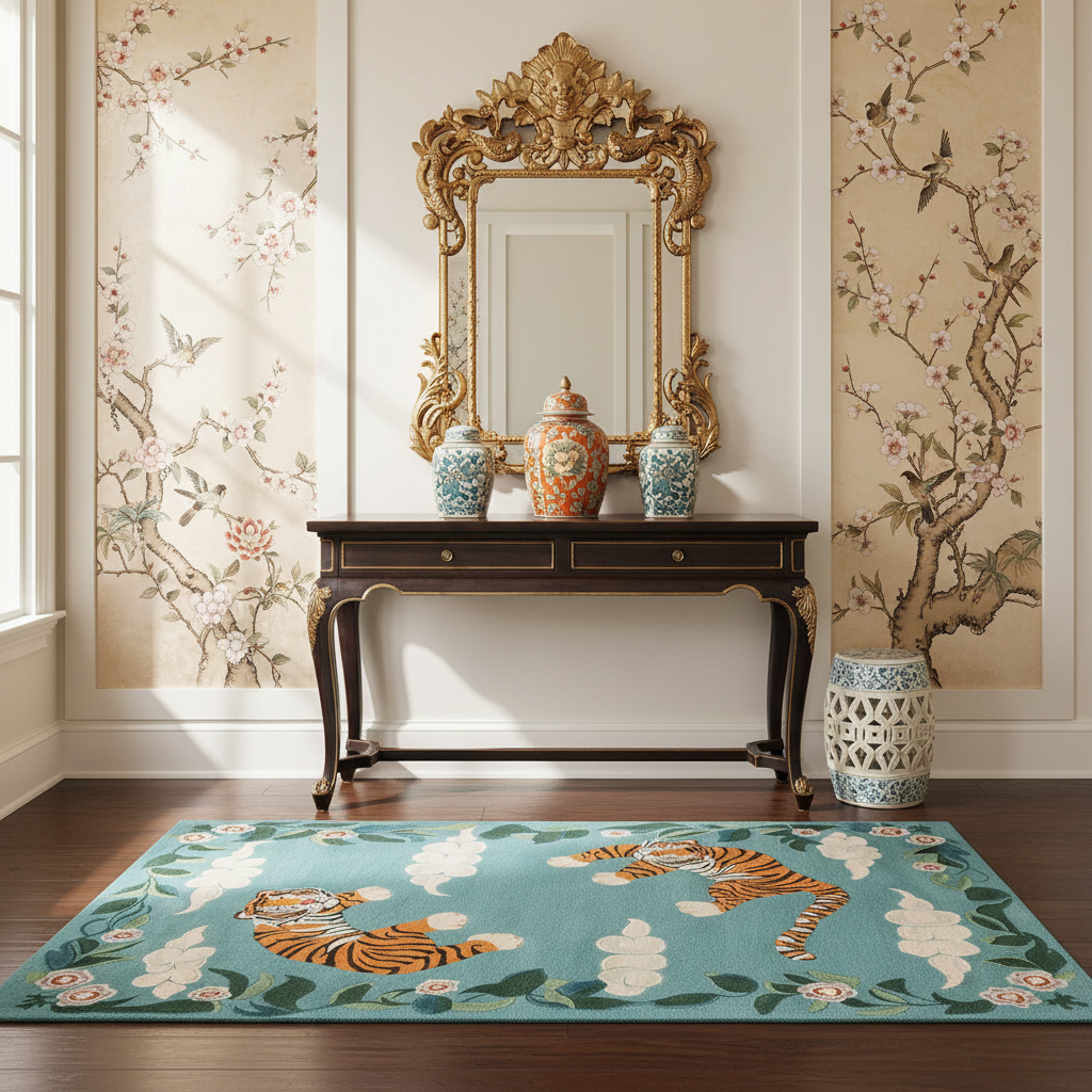 Decorative rug with tiger design in a room with floral wallpaper, a tiger rug, and a console table.