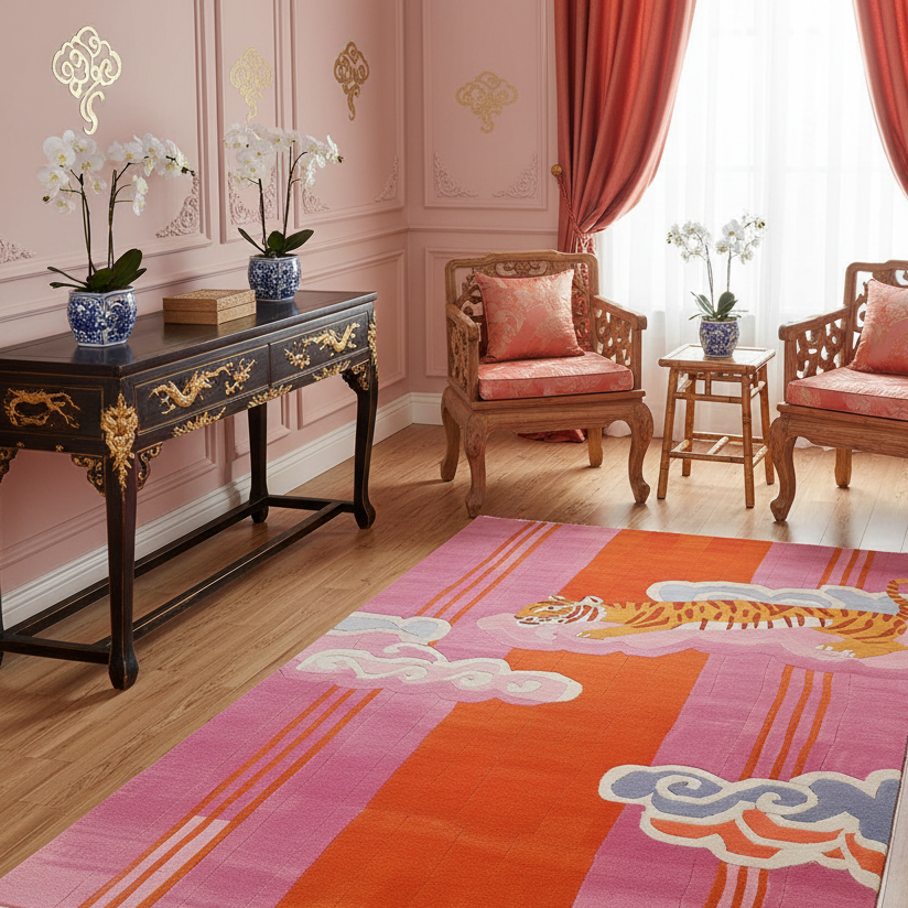Decorative rug with tiger design on a wooden floor in a room with pink walls and furniture.