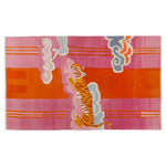 A vibrant area rug featuring an abstract celestial tiger design in bold pink, orange, and blue hues, showcasing a unique and artistic representation of a tiger amidst swirling clouds.
