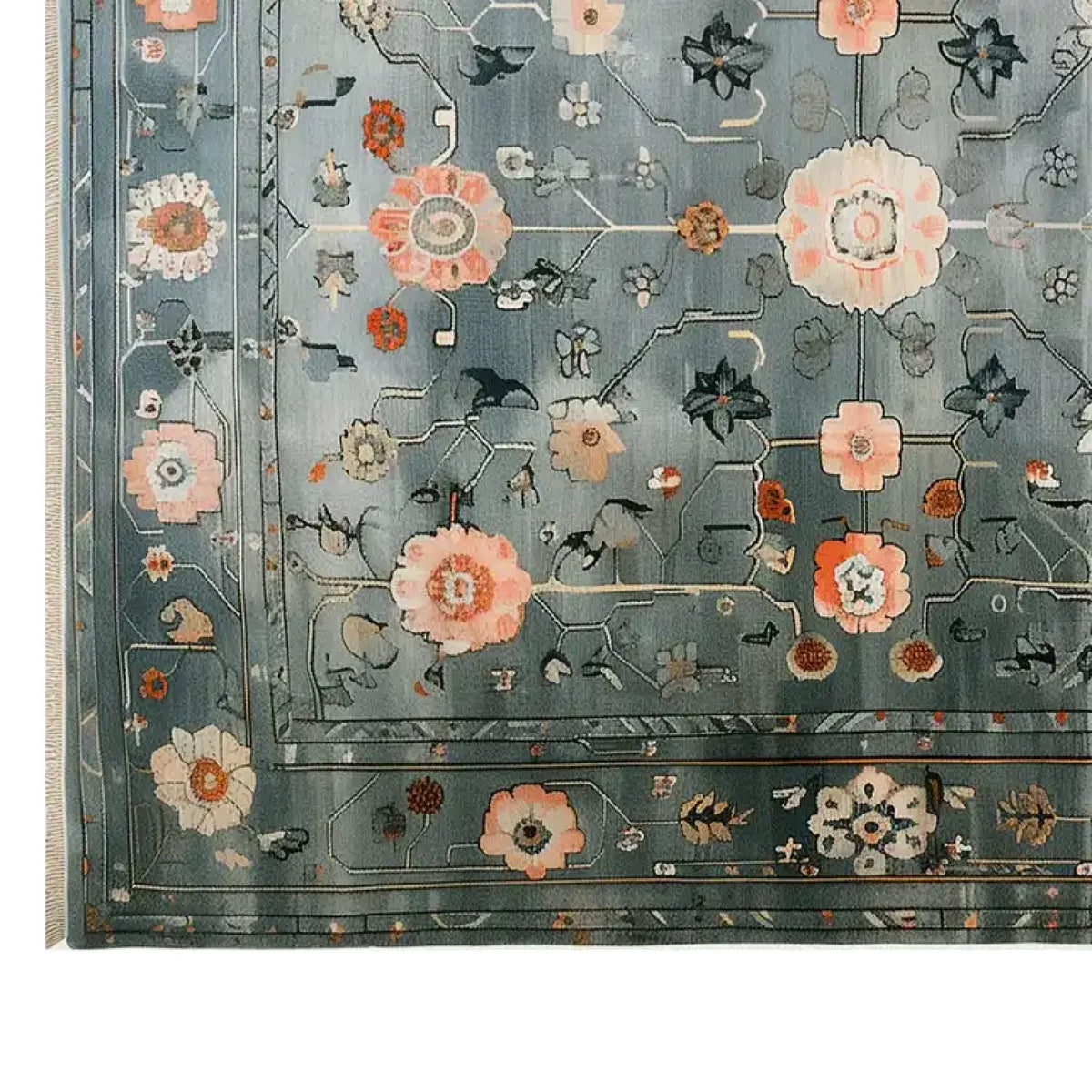 A beautifully detailed area rug featuring an intricate floral design, perfect for enhancing any living room. The Celestial Tranquility Knotted Wool Rug showcases vibrant patterns in a blend of warm and cool tones, making it an ideal choice for large living room rugs.