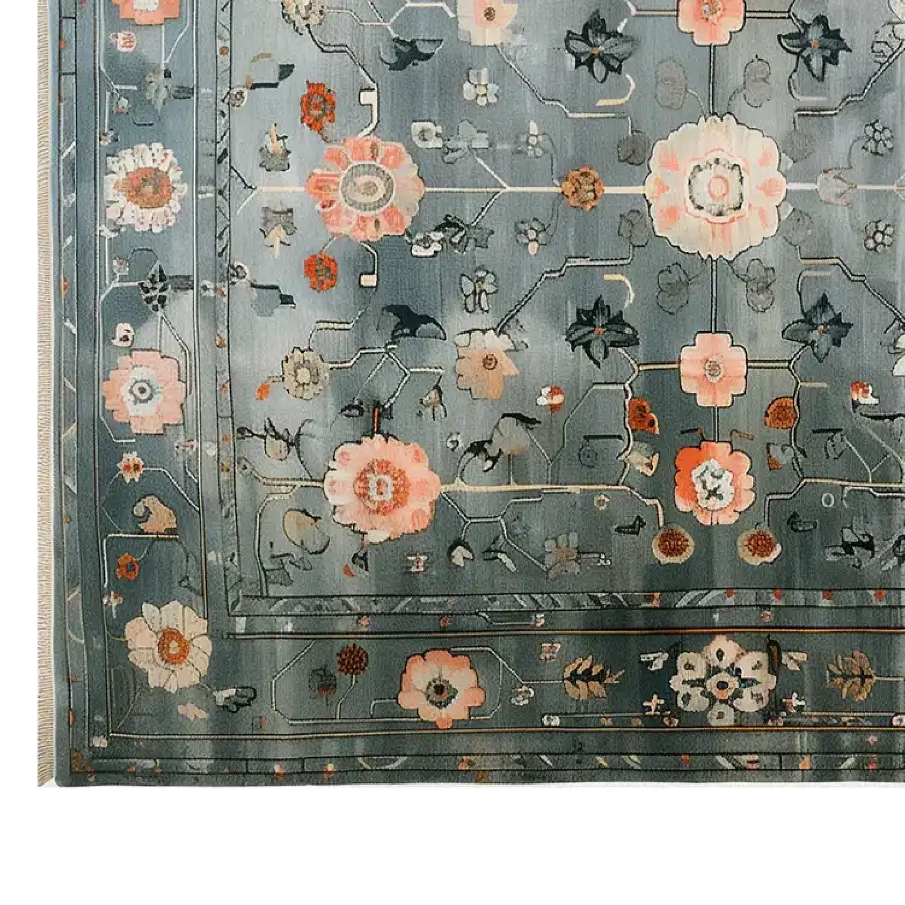 A beautifully detailed area rug featuring an intricate floral design, perfect for enhancing any living room. The Celestial Tranquility Knotted Wool Rug showcases vibrant patterns in a blend of warm and cool tones, making it an ideal choice for large living room rugs.
