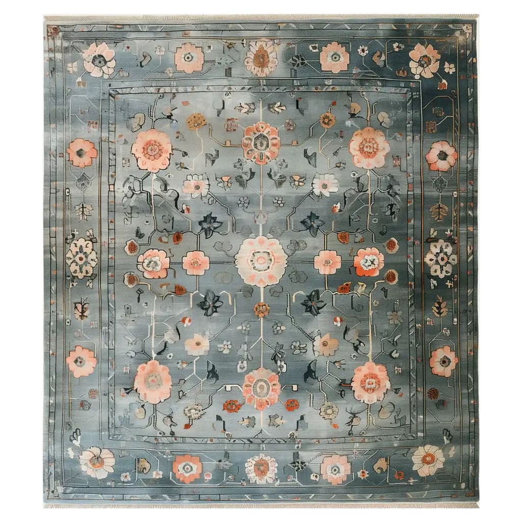 Top view of the Celestial Tranquility Knotted Wool Area Rug featuring an intricate floral pattern with soft pastel colors on a serene blue background.