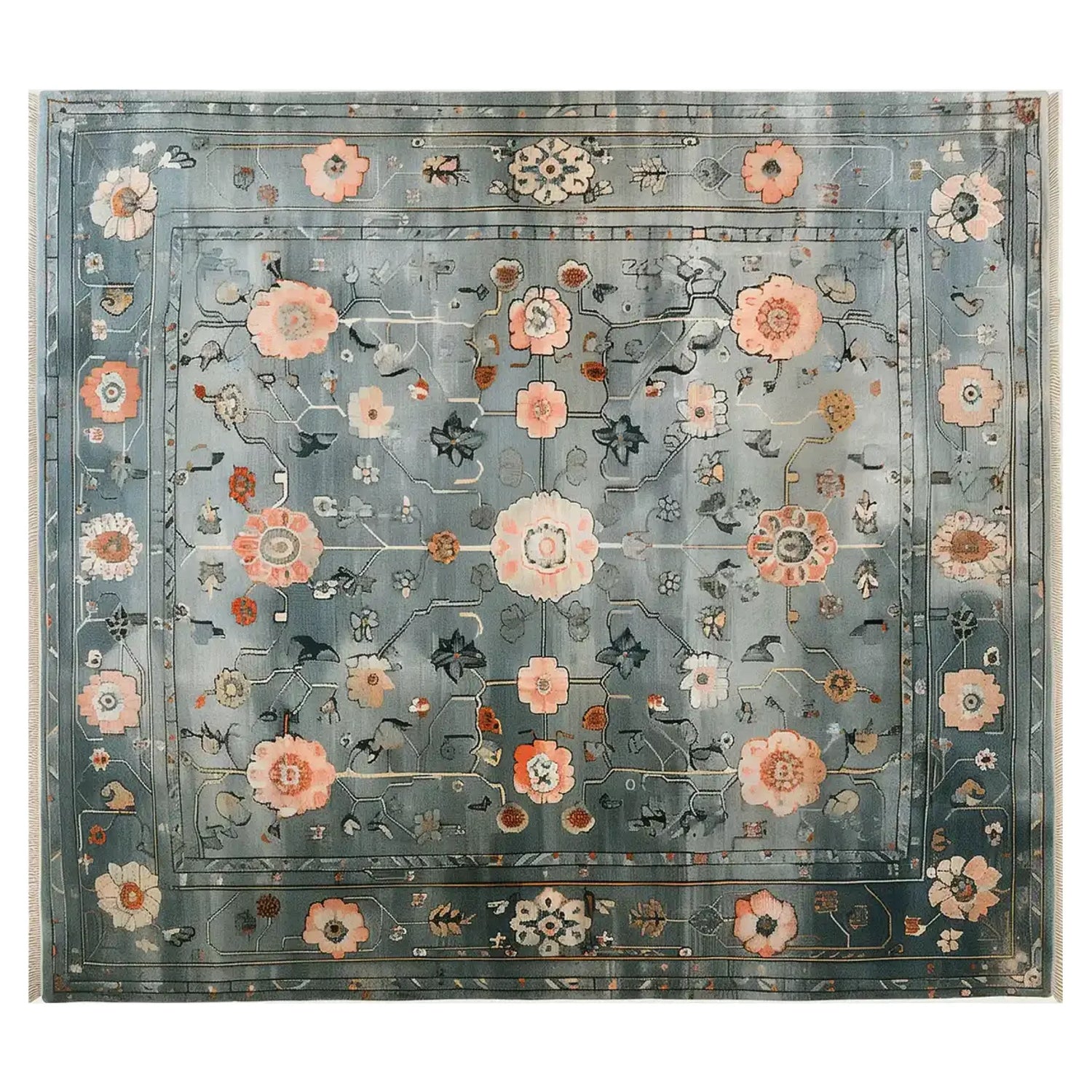 A beautifully designed area rug featuring a celestial tranquility theme with intricate floral patterns in soft pastel colors. The wool rug showcases a harmonious blend of blues and pinks, creating a serene and elegant look.