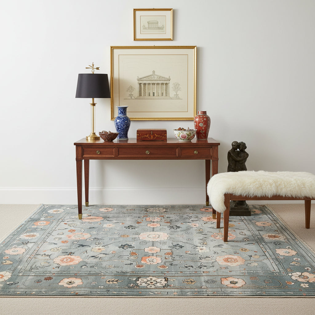 A beautifully designed area rug featuring a celestial tranquility theme with intricate floral patterns in soft pastel colors. The wool rug showcases a harmonious blend of blues and pinks, creating a serene and elegant look.