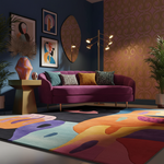 Modern living room with a purple sofa, colorful rug, and abstract art on walls.