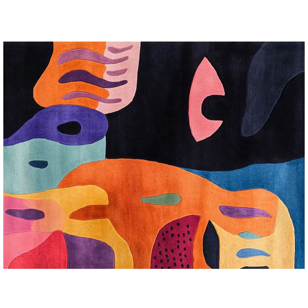 Vibrant abstract design on the Celestial Whimsy Hand Tufted Wool Area Rug, featuring bold colors like orange, blue, and pink with unique shapes and patterns, creating a dynamic and eye-catching centerpiece for any room.