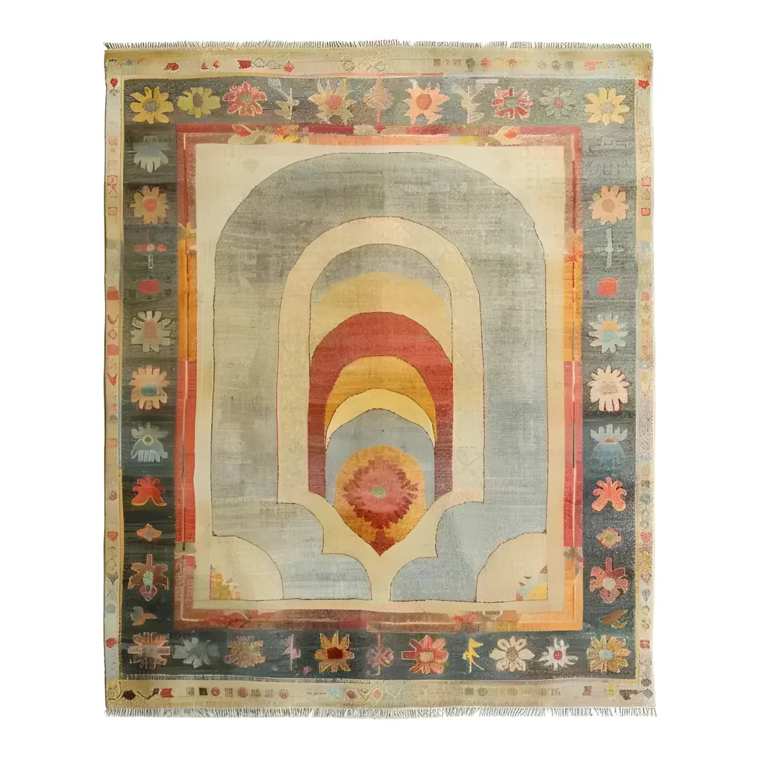 Beautiful central medallion hand-knotted area rug featuring a harmonious blend of earthy tones and intricate floral patterns. The rug showcases an elegant design with arches and a vibrant central motif, bordered by colorful floral elements, perfect for adding a touch of sophistication to any space.