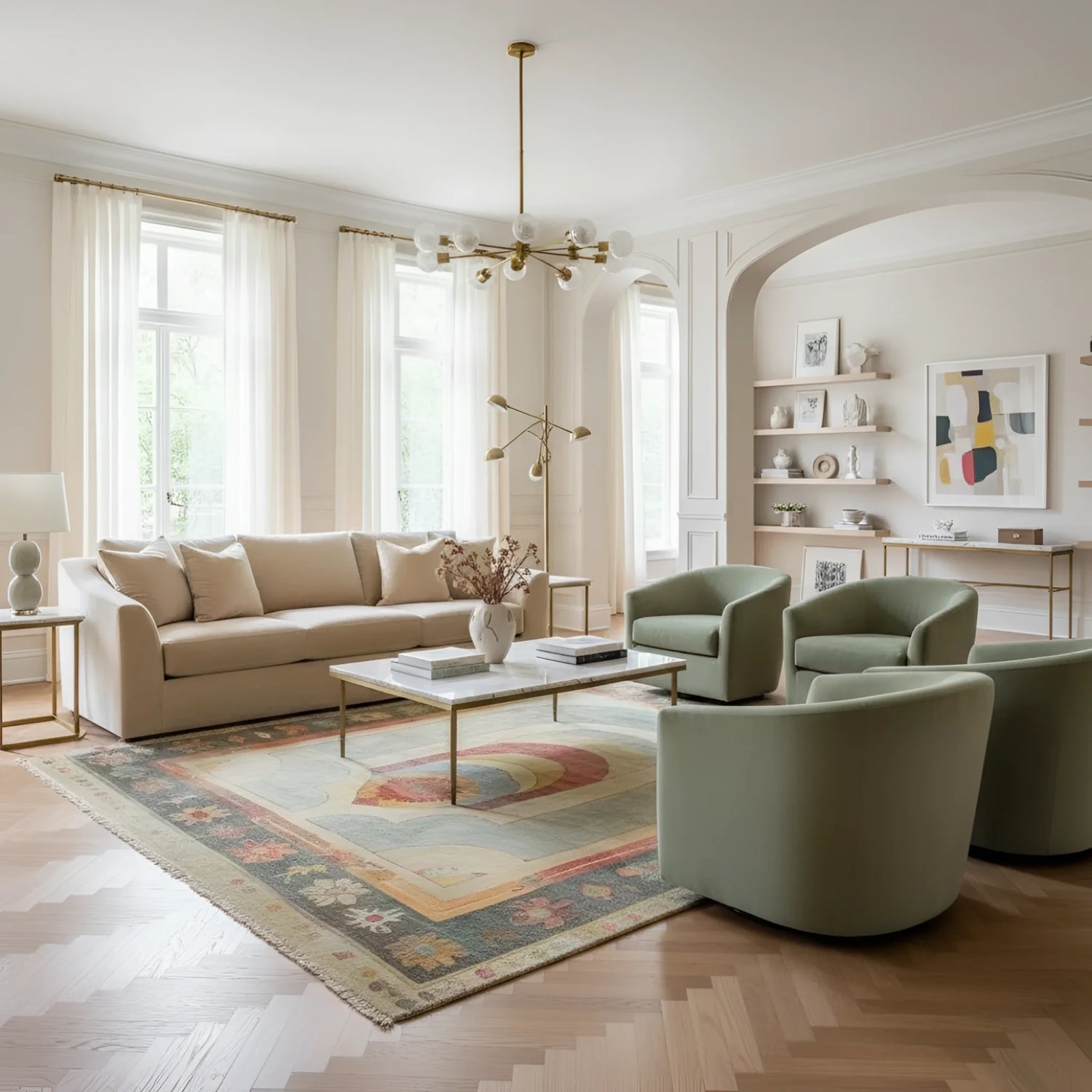 Modern living room with beige sofa, abstract vintage rug, green chairs, and decorative elements.