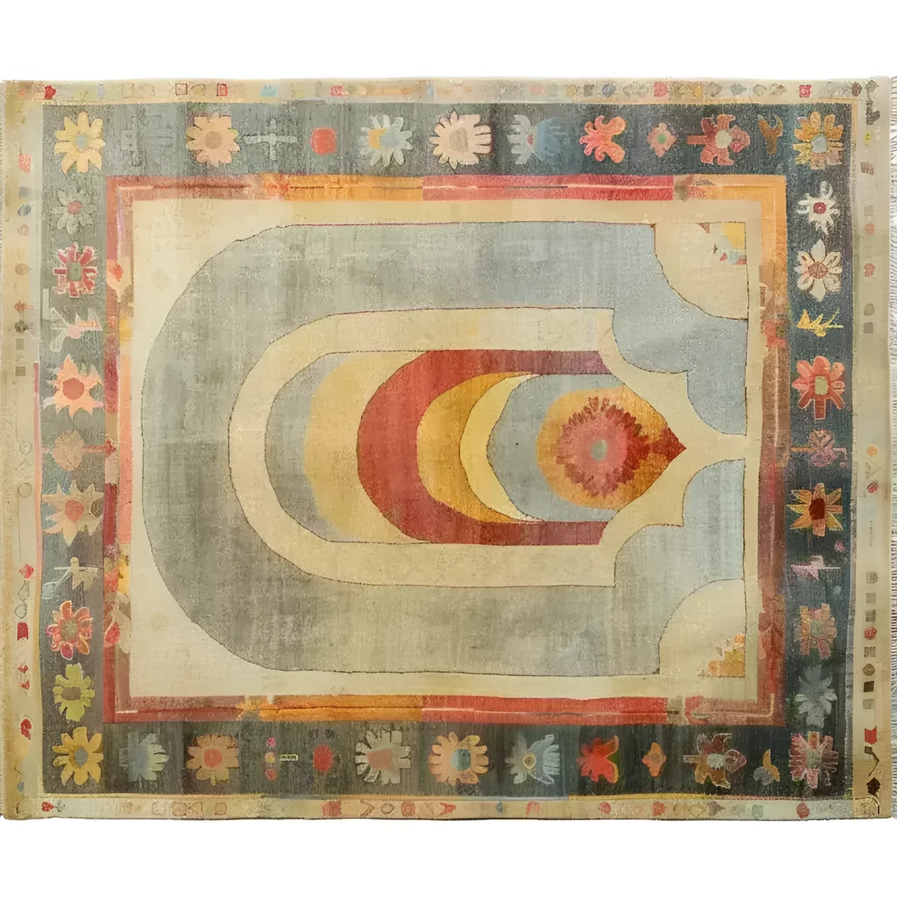 A stunning Central Medallion Hand Knotted Area Rug featuring a vintage design with multicolored concentric patterns and a floral border, perfect for elevating any living room space. Ideal as an 8x10 rug, this Persian-style piece adds a touch of elegance and charm to your home decor.