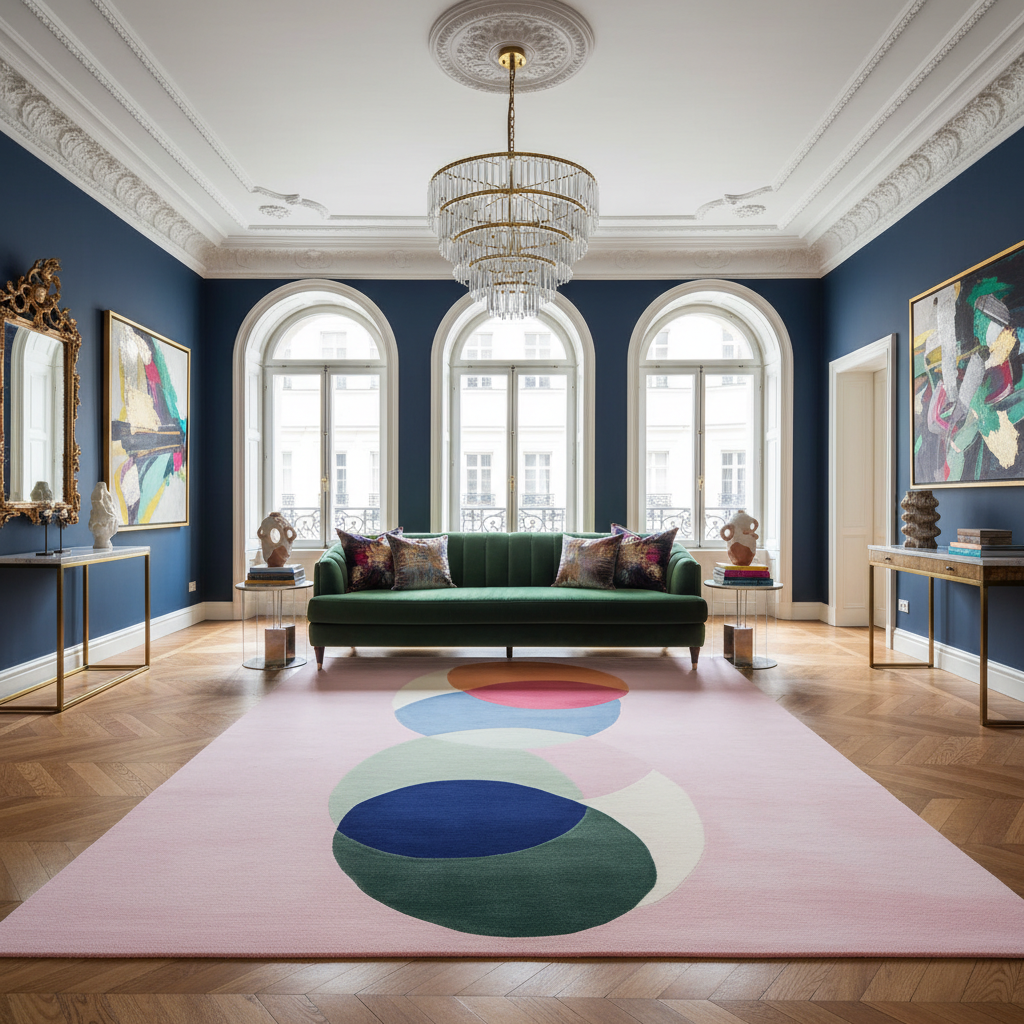 Luxurious living room with a green sofa, colorful rug, and ornate chandelier.