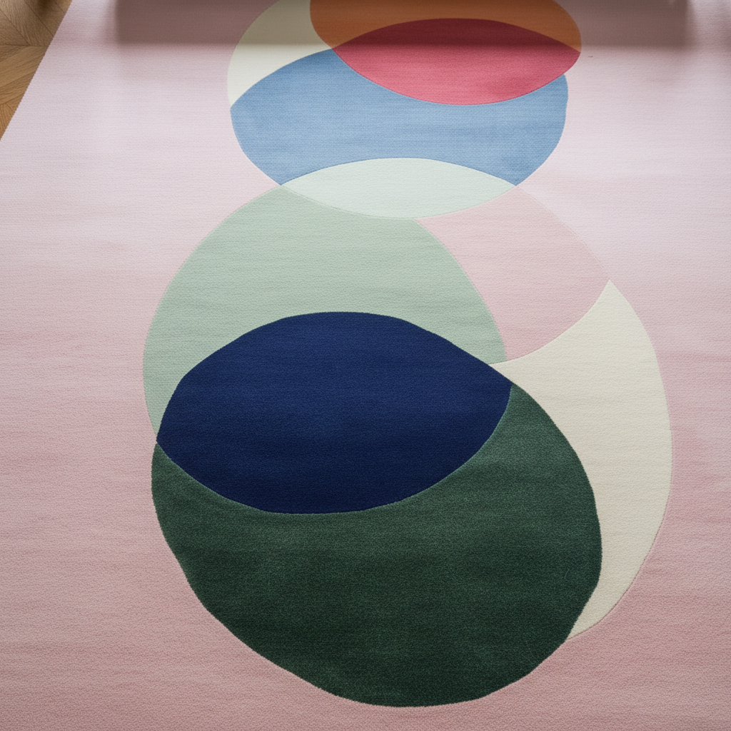 Colorful circular shapes on a pink background