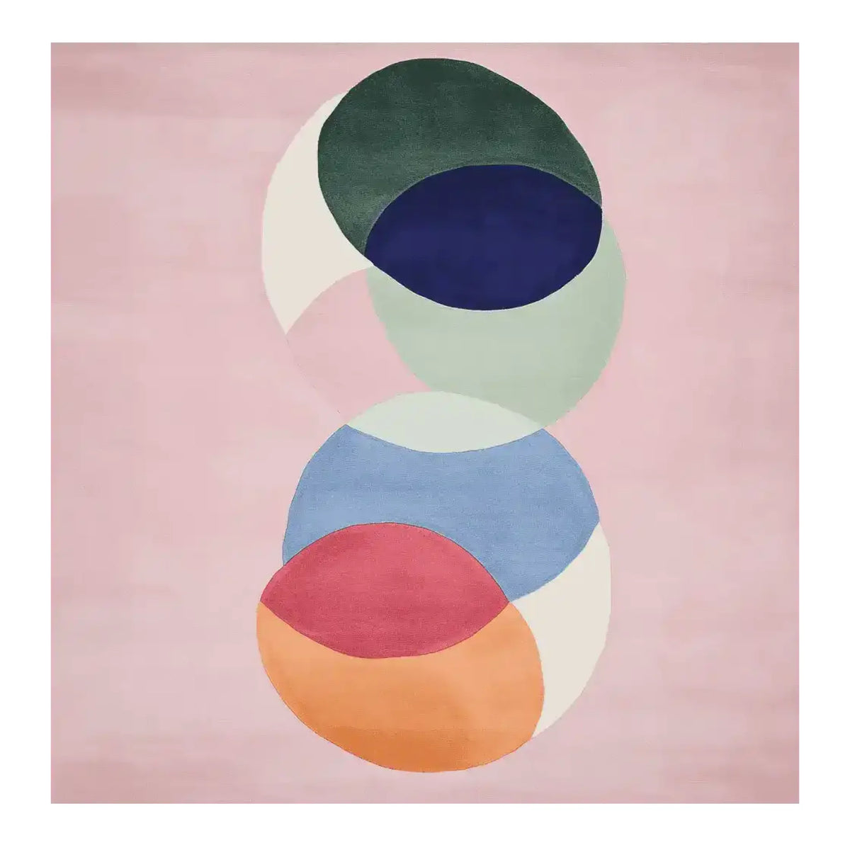 A contemporary area rug featuring a hand-tufted design with colorful overlapping circles on a soft pink background. This wool square area rug is perfect for adding a modern touch to living room decor.