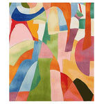 Vibrant and colorful area rug with abstract geometric patterns, ideal for contemporary living rooms. This 8x10 hand-tufted wool rug features a harmonious blend of colors including blue, green, orange, and pink, making it a perfect choice for adding a modern touch to your space.